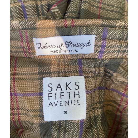 VTG Saks Fifth Avenue Flannel Mens Medium Made In USA Long Sleeve Brown/Green - Picture 8 of 8
